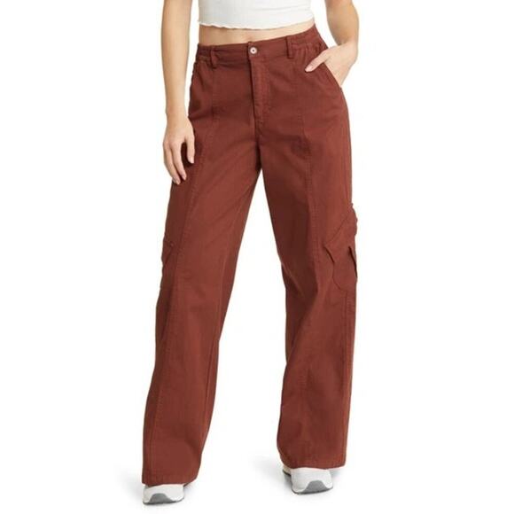 bp Pants Cotton Blend Utility High Rise Wide Leg Cargo Trouser Brown Fondant 26 - Picture 1 of 8